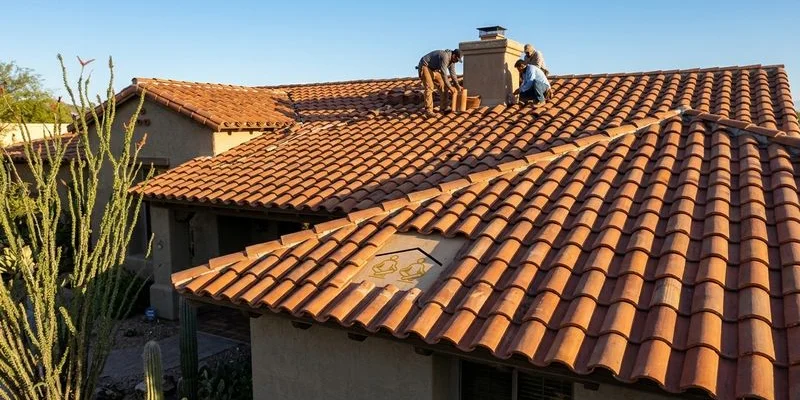 Beautiful clay tile roof on a Spanish Colonial home in the Tucson Catalina Foothills with desert landscaping