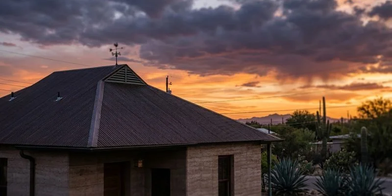 Beautiful Tucson sunset with monsoon storm clouds behind a home featuring a stylish metal roof