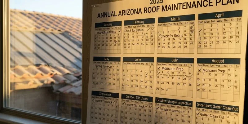 Calendar showing a well-organized annual roof maintenance schedule for Arizona homeowners