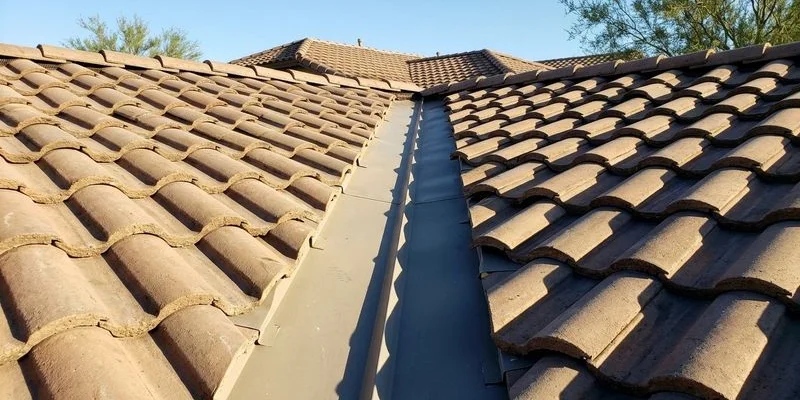 Clean roof valley on a tile roof showing properly maintained flashing and drainage path free of debris