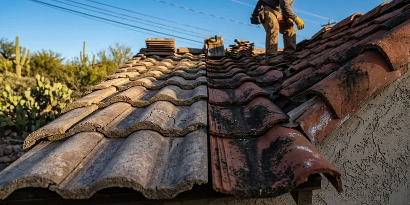 Close-up comparison of weathered concrete tile versus aged clay tile showing how each material weathers over decades in Arizona sun