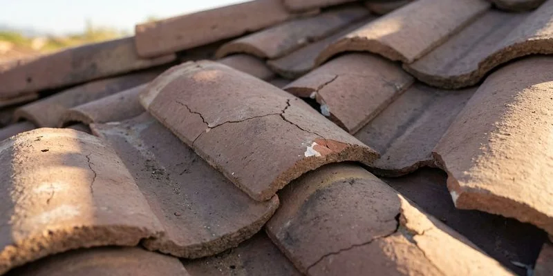 Close-up of cracked and damaged roof tiles on a Tucson home showing typical wear from Arizona sun and thermal cycling