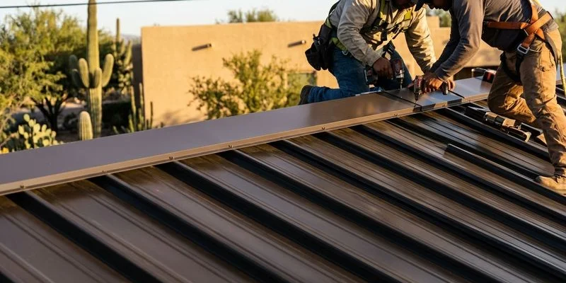 Close-up of energy-efficient metal roof panels installed on a residential home in the Tucson desert