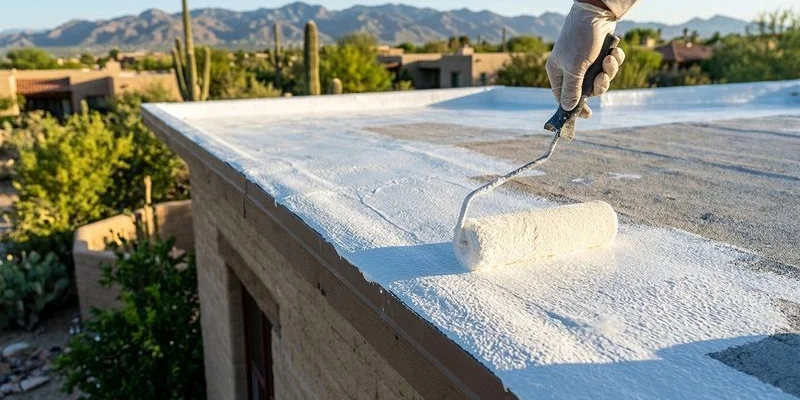 Close-up of a white elastomeric roof coating being applied with roller showing seamless waterproof membrane forming