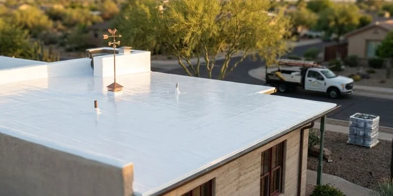 Completed white roof coating on a Tucson flat roof reflecting bright Arizona sunlight with blue sky overhead