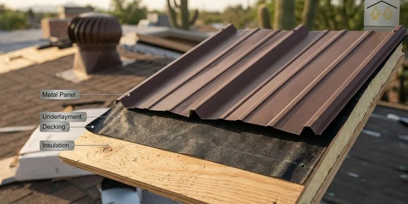 Cross-section diagram showing metal roof layers including underlayment decking and insulation for Arizona homes