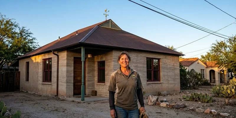 Happy Tucson homeowner standing in front of their home with a new metal roof installation in the desert neighborhood