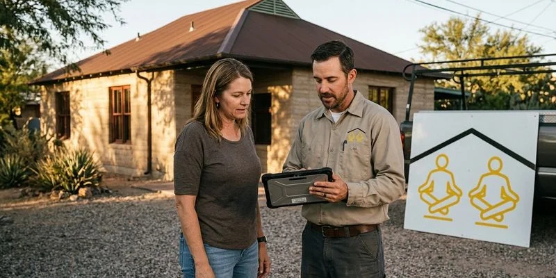 Homeowner and roofing contractor reviewing a metal roof estimate on a tablet at a Tucson home