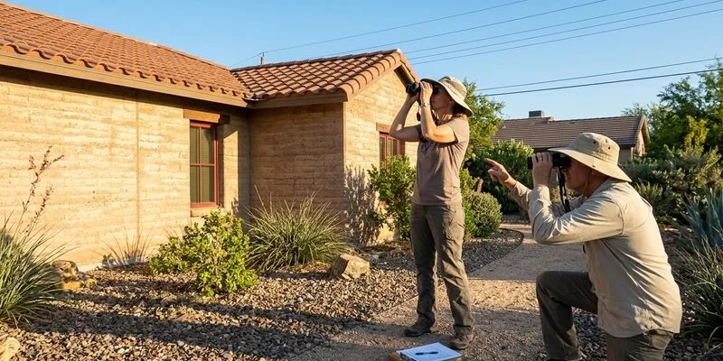 Homeowner doing monthly visual roof check from ground level with binoculars at a Tucson home