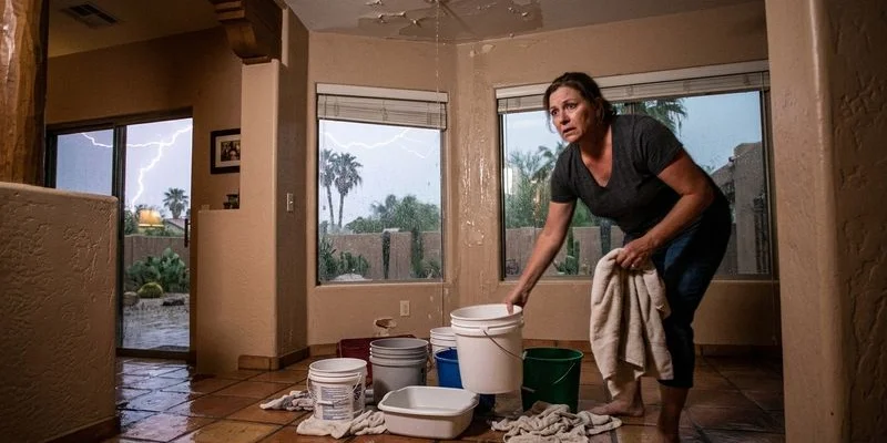 Homeowner placing buckets and towels under an active ceiling leak inside a Tucson home during a monsoon rainstorm