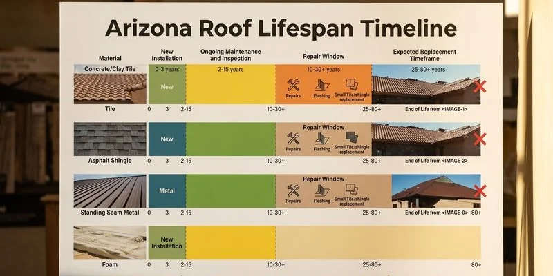 Infographic showing roof lifespan timeline with repair and replacement zones for different materials in Arizona