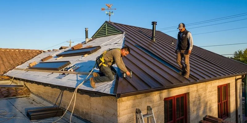 Metal roofing contractor installing panels on a Tucson residential roof with safety equipment