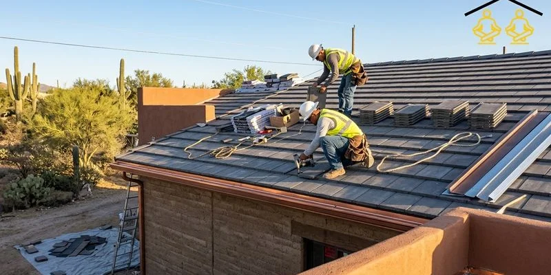 New roof installation nearing completion on a Tucson home with workers applying finishing touches in the desert sun
