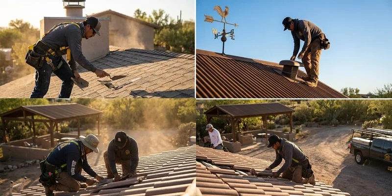 Professional roofer performing maintenance on different roof types found throughout Tucson neighborhoods