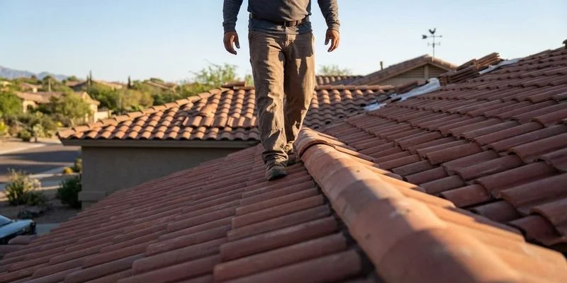 Roofer carefully walking on tile roof using proper techniques to avoid cracking tiles during inspection