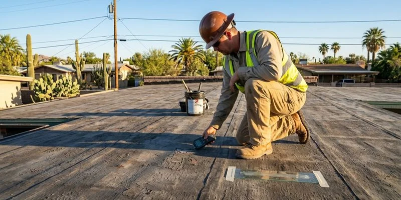 Roofing inspector examining the condition of an existing flat roof in Tucson to determine if it qualifies for coating