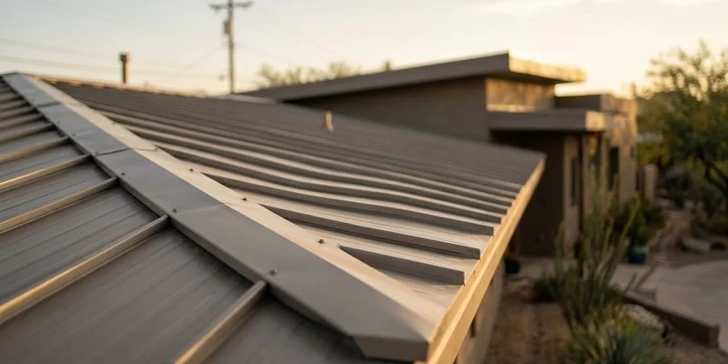 Standing seam metal roof close-up showing the raised interlocking seams and clean lines on a modern Tucson home
