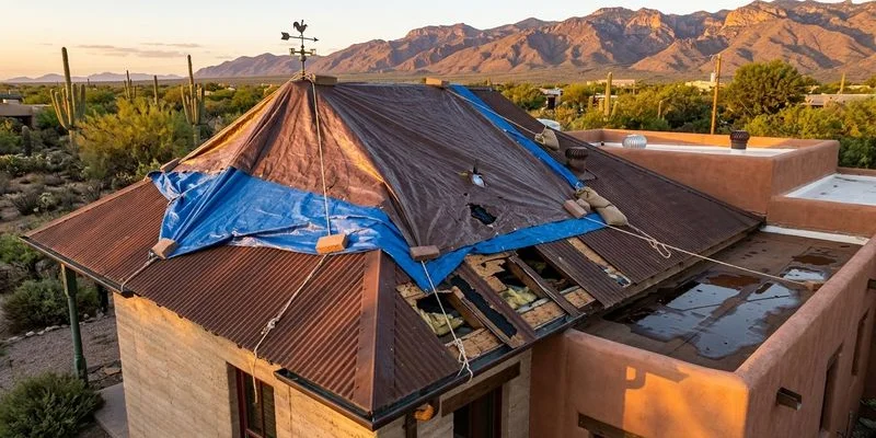 Tarp secured over damaged section of a Tucson residential roof as temporary protection after a monsoon storm