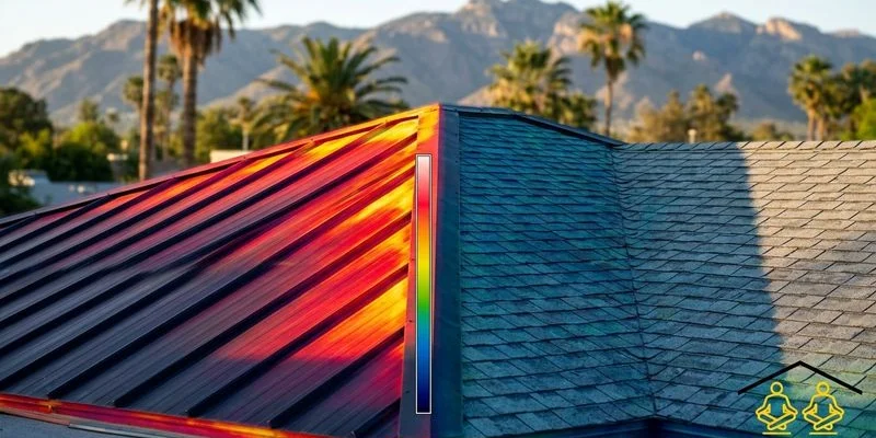 Thermal image comparison showing heat absorption difference between metal roof and asphalt shingle roof on Arizona homes