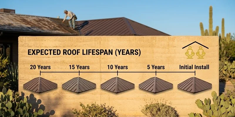 Timeline infographic showing expected lifespans of different tile roofing materials in the Arizona desert climate