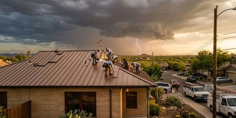 Tucson home with metal roof during dramatic monsoon storm clouds overhead