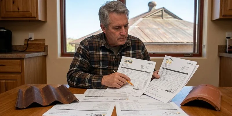 Tucson homeowner reviewing multiple roofing contractor estimates side by side at their kitchen table