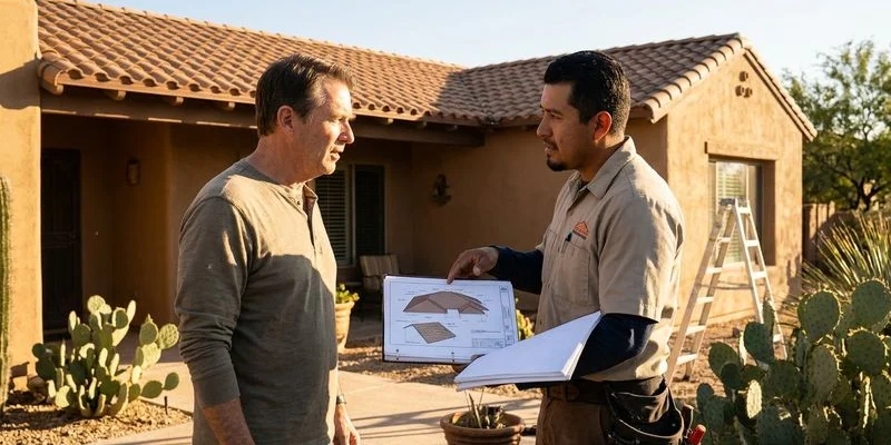 Tucson homeowner speaking with a roofing contractor about tile roof maintenance plan with home in background