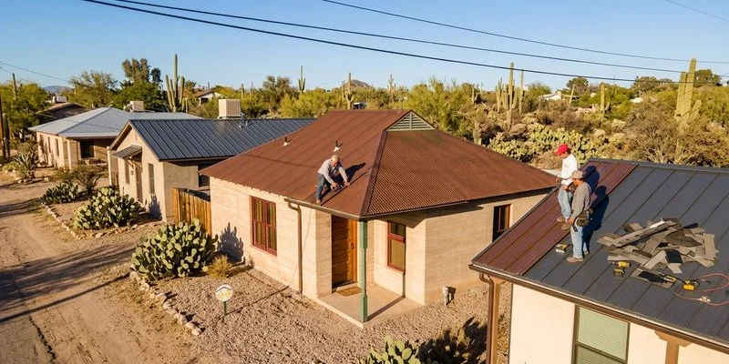 Tucson neighborhood aerial view showing homes with different metal roofing styles in the Sonoran Desert landscape