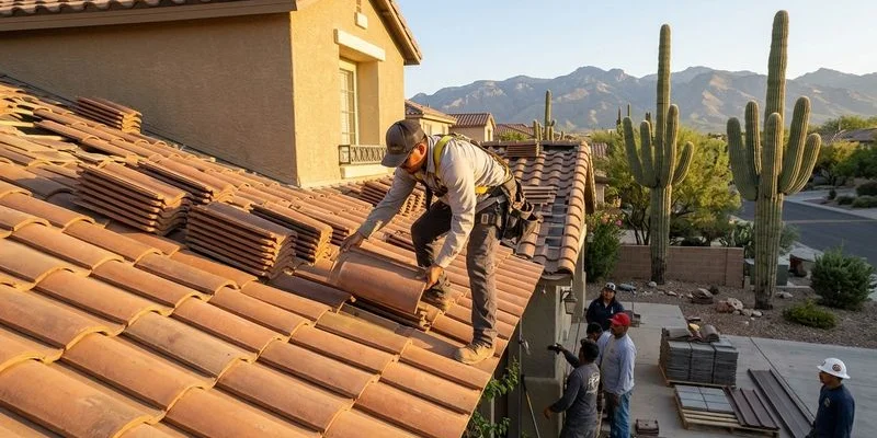 Tucson roofer carefully installing new tile roofing on a residential home during sunny Arizona weather