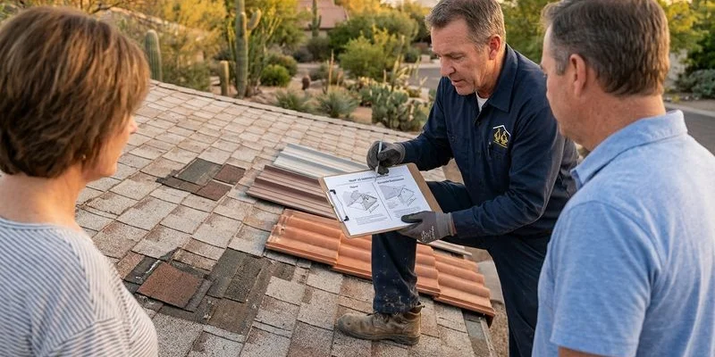 Tucson roofing contractor inspecting roof condition and explaining repair vs replacement options to homeowner
