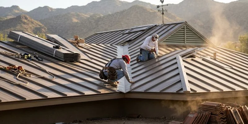 Tucson roofing crew installing metal panels on a residential home with desert mountain backdrop