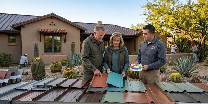 Variety of metal roofing color and style samples laid out showing options available for Tucson homeowners