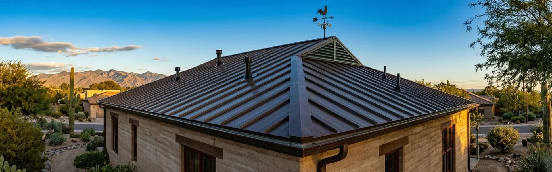 Completed standing seam metal roof on a Tucson home