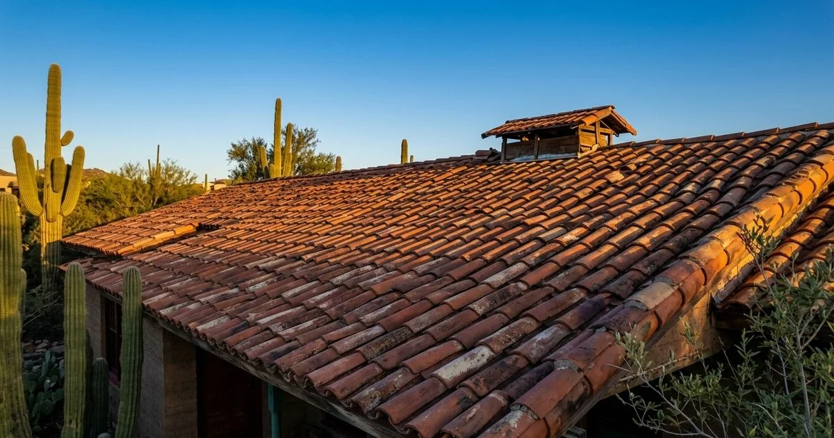 Aged tile roof on a classic Tucson home showing decades of desert weathering
