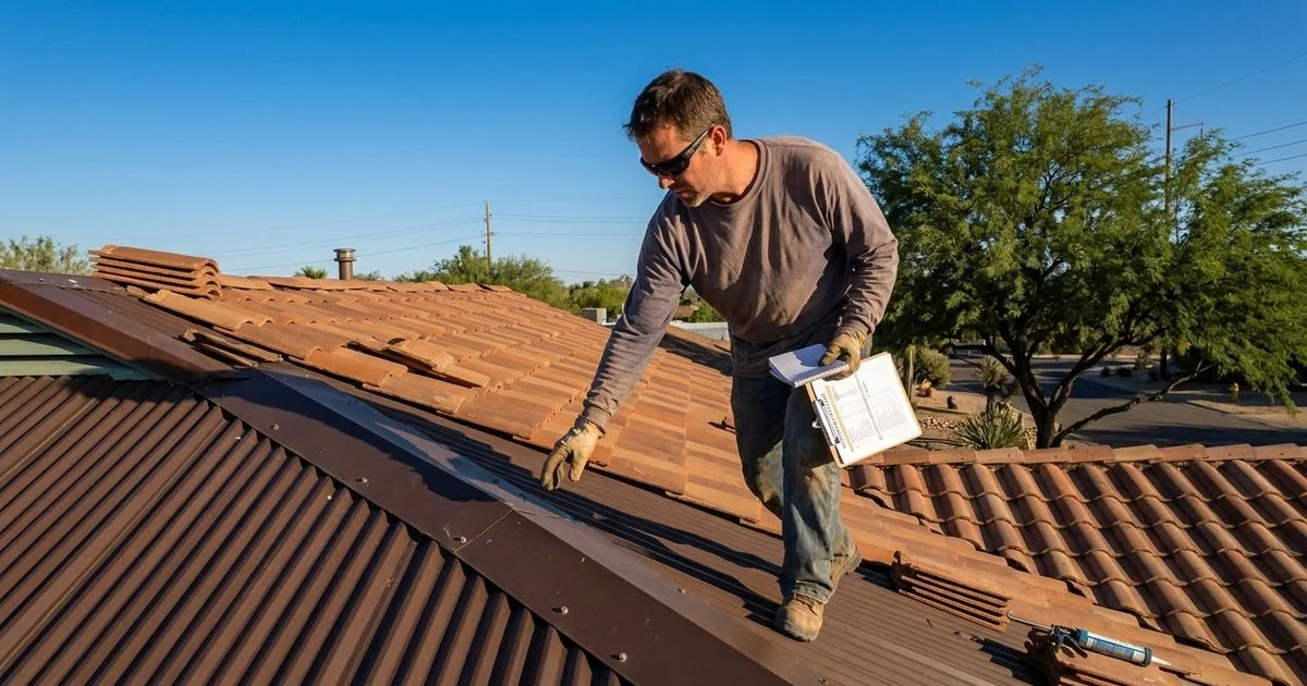 Arizona homeowner following seasonal roof maintenance checklist on a Tucson home
