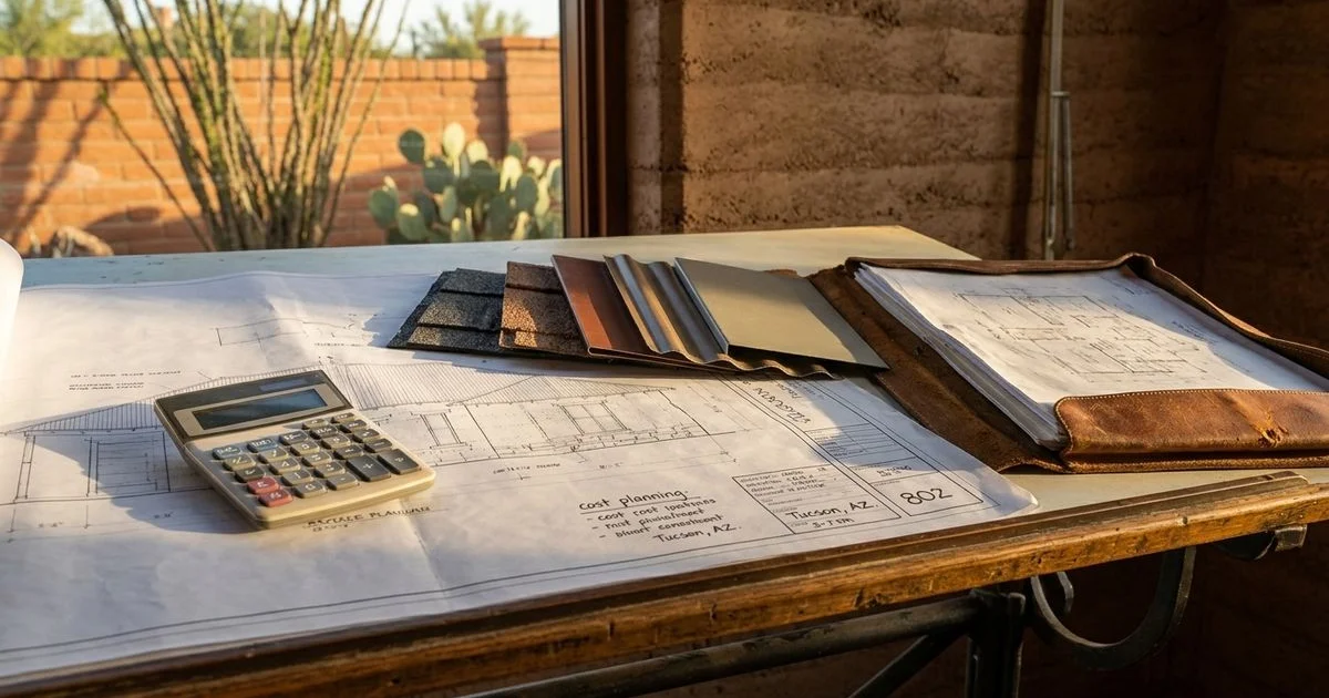Metal roof cost planning with samples and blueprints for a Tucson home