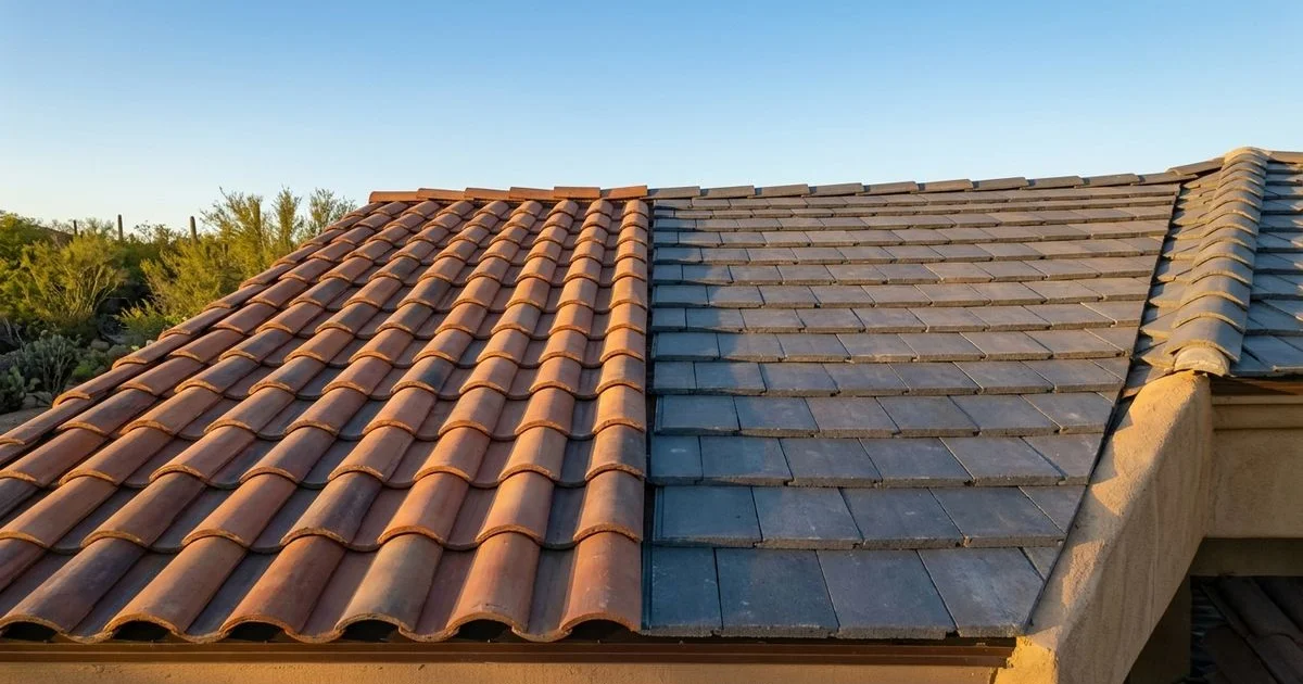Clay and concrete roof tiles displayed side by side on a Southwestern style Tucson home