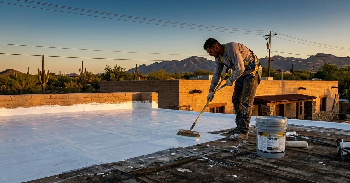 Professional applying white elastomeric roof coating to a flat roof on a Tucson building