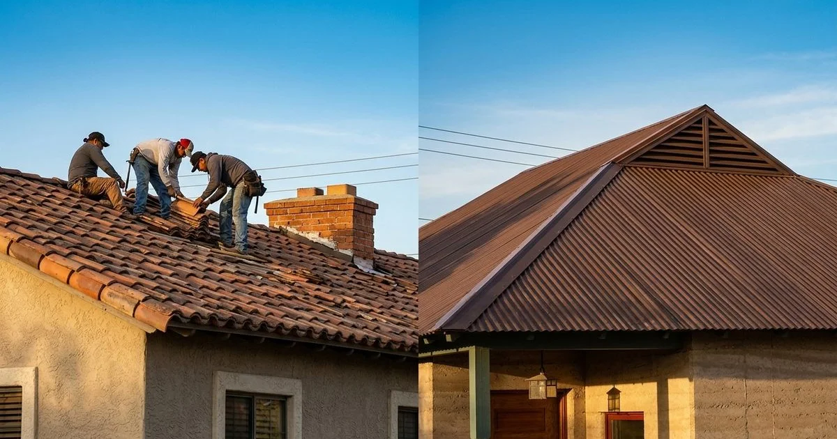 Split image showing roof repair versus full replacement on a Tucson home