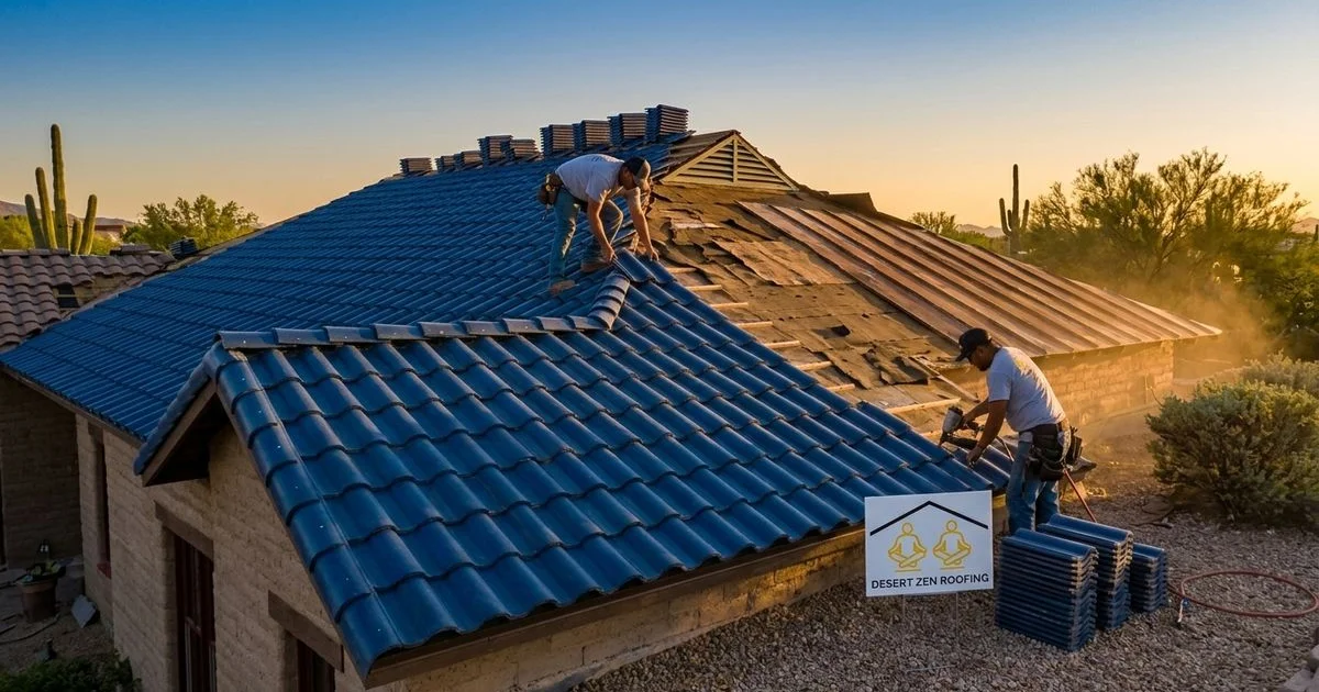 Tucson home mid roof replacement with old materials removed and new roofing being installed