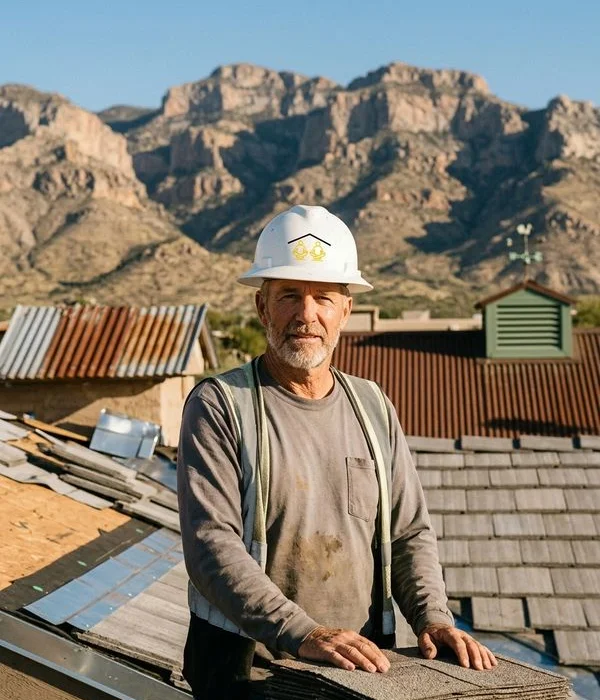 Kevin Bayes, owner of Tucson Roof Gurus, standing on a Tucson rooftop with the Santa Catalina Mountains in the background