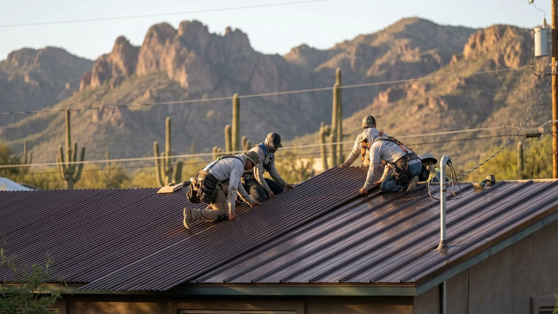 Professional roofing installation in Tucson with Sonoran Desert mountain backdrop